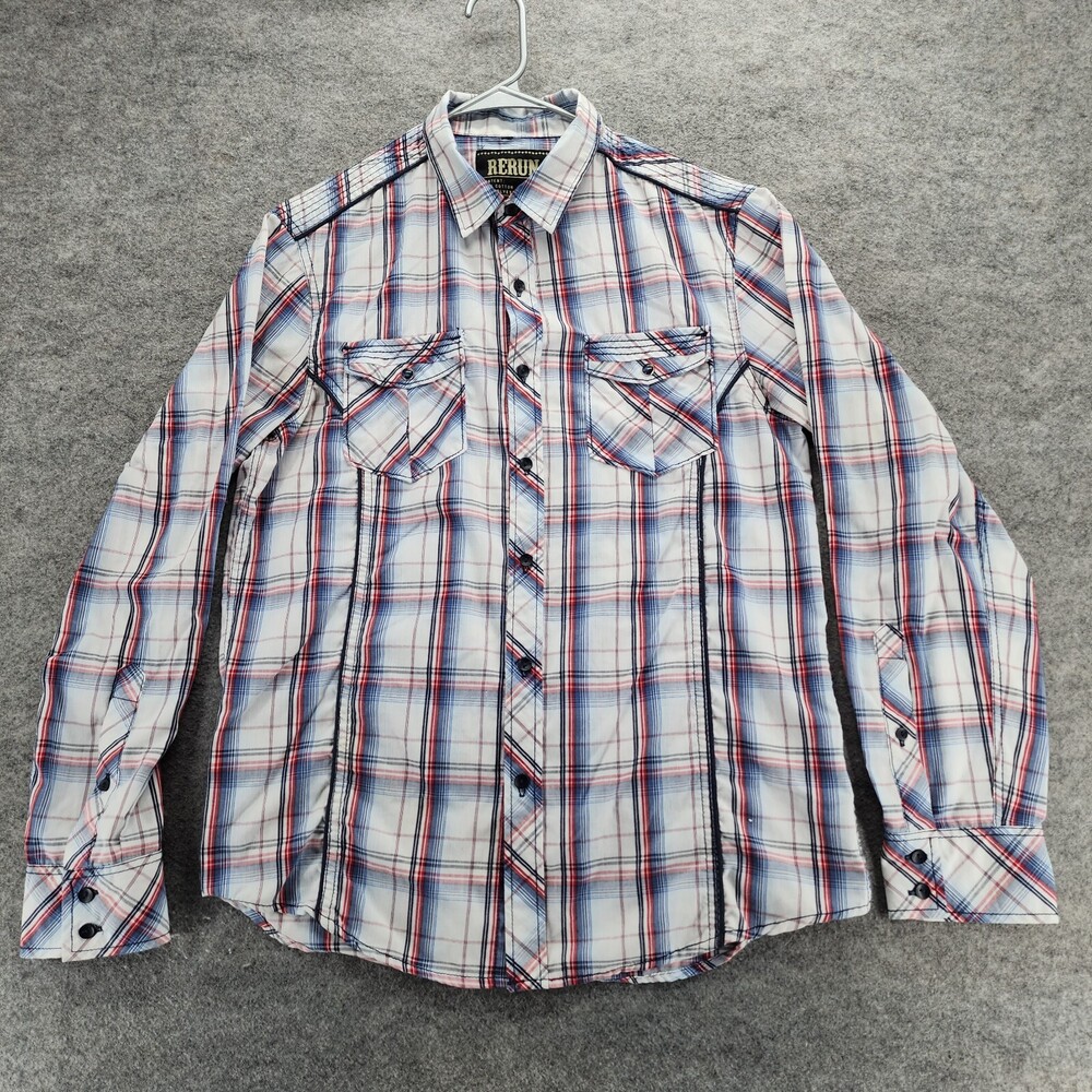 Rerun Shirt Mens Medium Button Up Roll Tab Sleeve White Blue Plaid